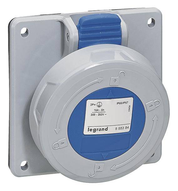 Prise industrielle de Legrand avec couvercle bleu, adaptée pour 200-250V, 16A, avec degré de protection IP66/IP67 sur un support de montage gris.
