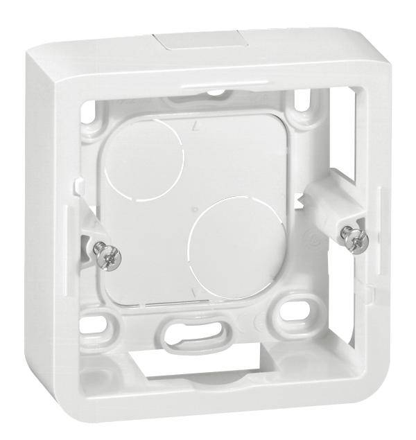 Boîte d'encastrement blanche carrée avec des ouvertures pour câbles électriques, adaptée à l'installation sur des surfaces murales.