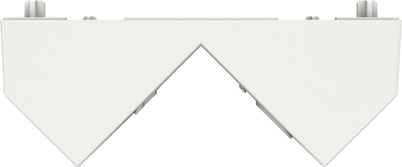 Un connecteur triangulaire blanc pour l'éclairage de rails, vue de dessus, avec des éléments de fixation métalliques aux angles.
