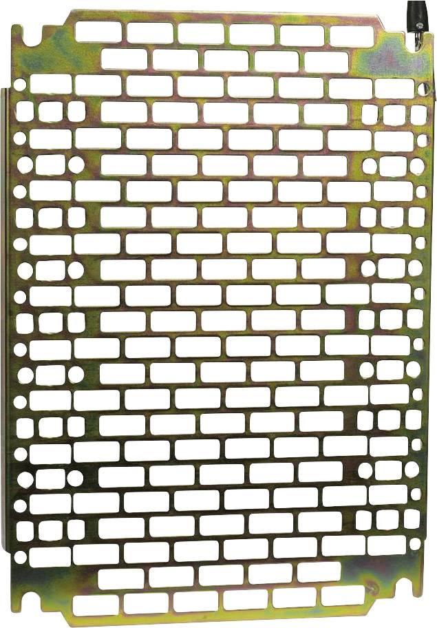 Grille métallique avec des découpes rectangulaires et rondes, principalement utilisée pour la circulation de l'air ou à des fins décoratives.