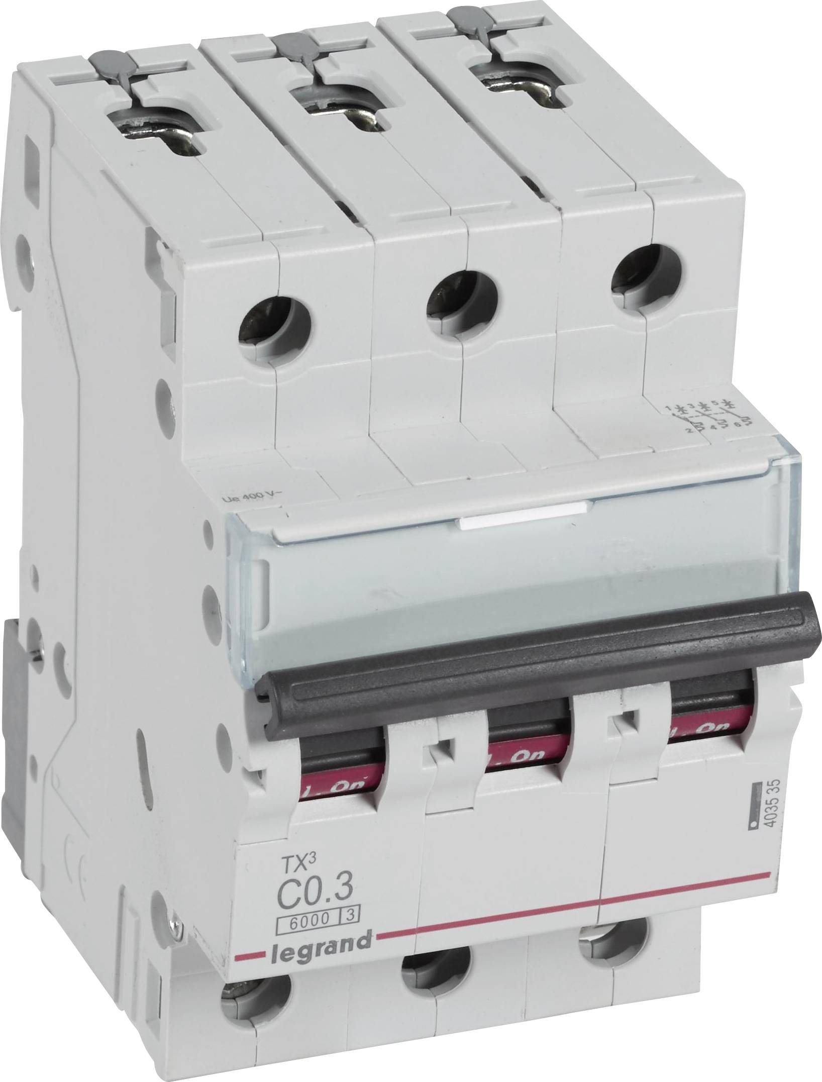 Disjoncteur tripolaire de la marque 'Legrand', modèle 'TX3 C0.3', adapté pour les dispositifs de protection électrique.