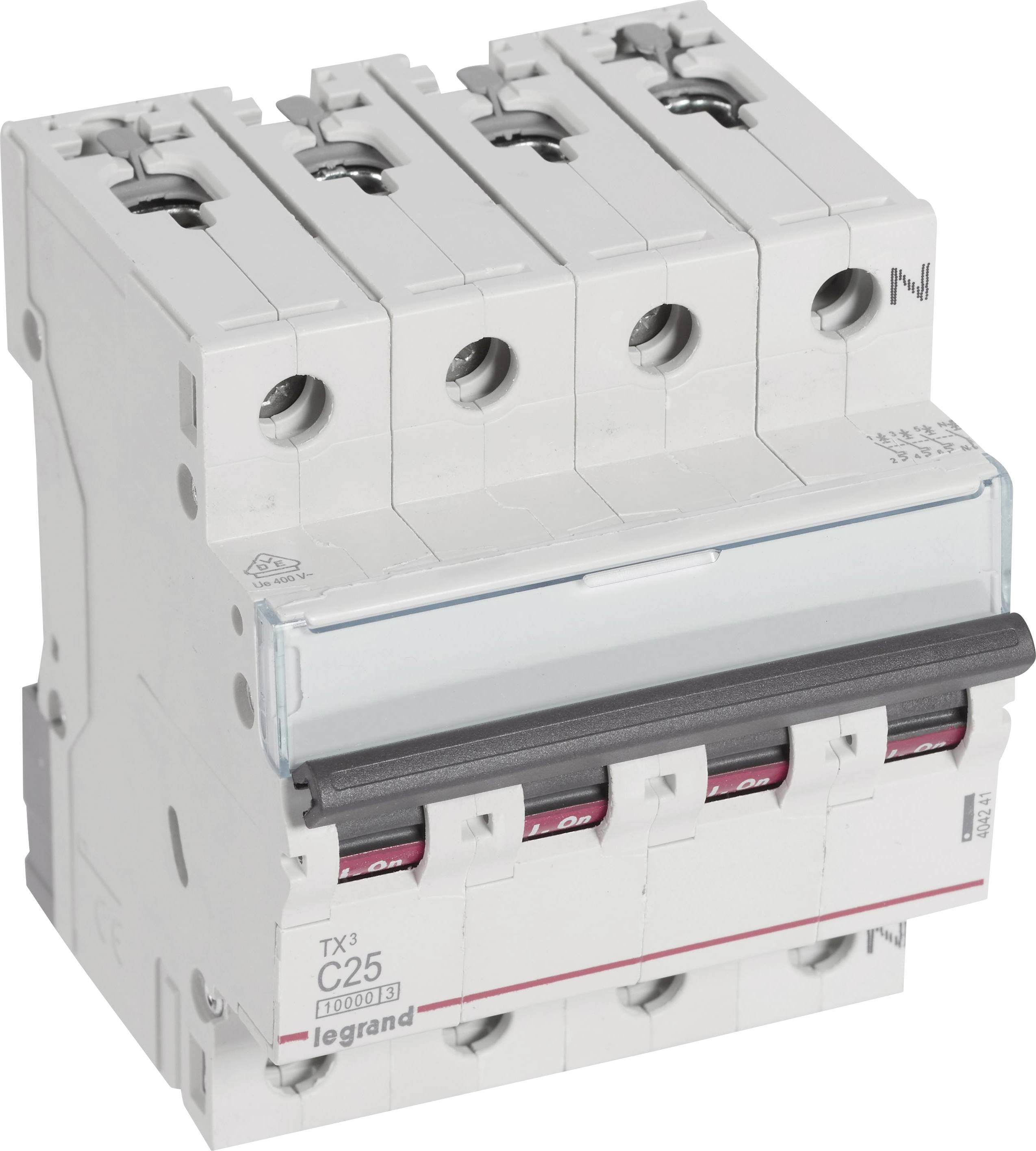 Un disjoncteur tétrapolaire avec l'étiquette 'C25' de la marque 'Legrand' est représenté. Il est destiné à protéger les circuits électriques.