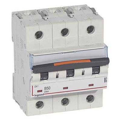 Un disjoncteur tripolaire de protection de ligne avec l'étiquette 'B50' et '25 kA', fabriqué par la marque Legrand.