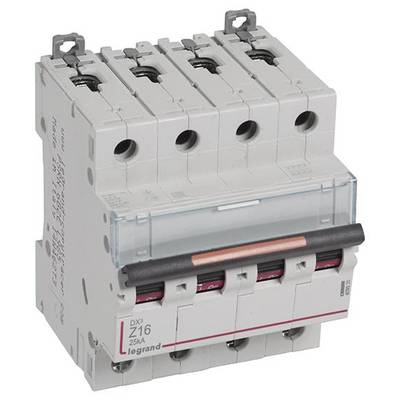 Un disjoncteur tétrapolaire avec l'inscription 'DX³ Z16 25A legrand', adapté aux applications industrielles, présente des interrupteurs et des fusibles.