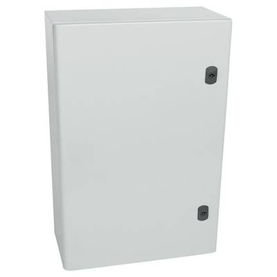 Une armoire électrique simple, fermée, rectangulaire en métal avec deux poignées de fermeture noires, sans marquage visible.