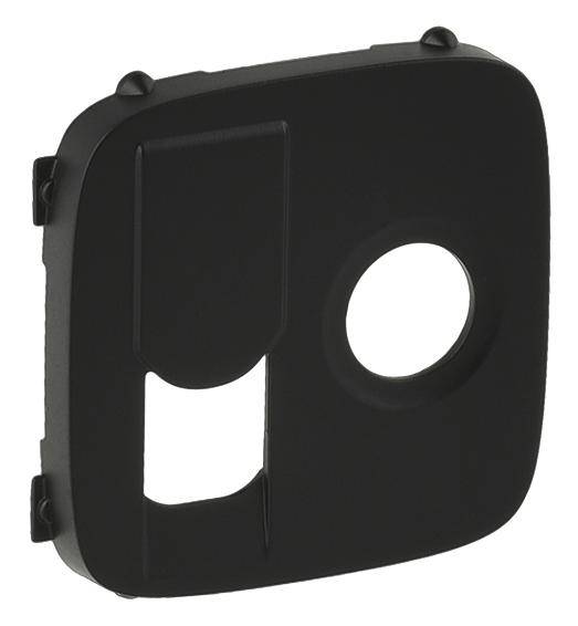 Cache en plastique noir avec deux découpes : une circulaire, l'autre rectangulaire. Utilisé pour recouvrir des modules d'interrupteurs ou de prises électriques.