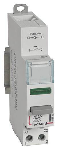 Interrupteur de circuit électrique bipolaire 'Legrand', 20A, 250V, avec indicateur lumineux vert et interrupteur à bascule gris.
