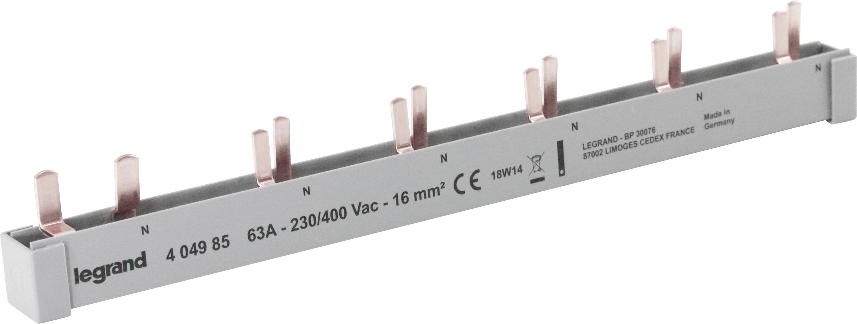Rail métallique de Legrand avec six bornes cuivre en L, étiquetées 'N', adaptées pour 63A, 230/400V AC, 16 mm².