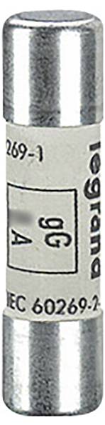 Un fusible cylindrique à capuchons métalliques. Sur le fusible est inscrit 'Legrand', '4A', et 'IEC 60269-2'.