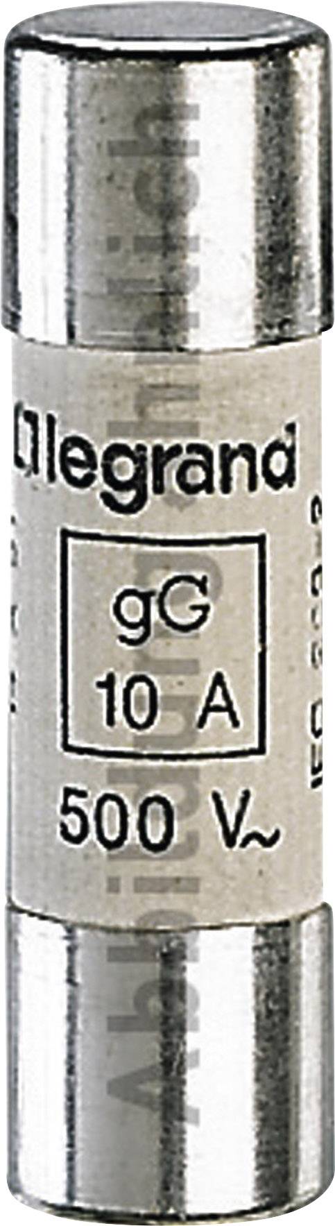 Un fusible cylindrique portant l'inscription 'Legrand', 'gG 10 A', et '500 V~', argenté aux extrémités, gris au centre.