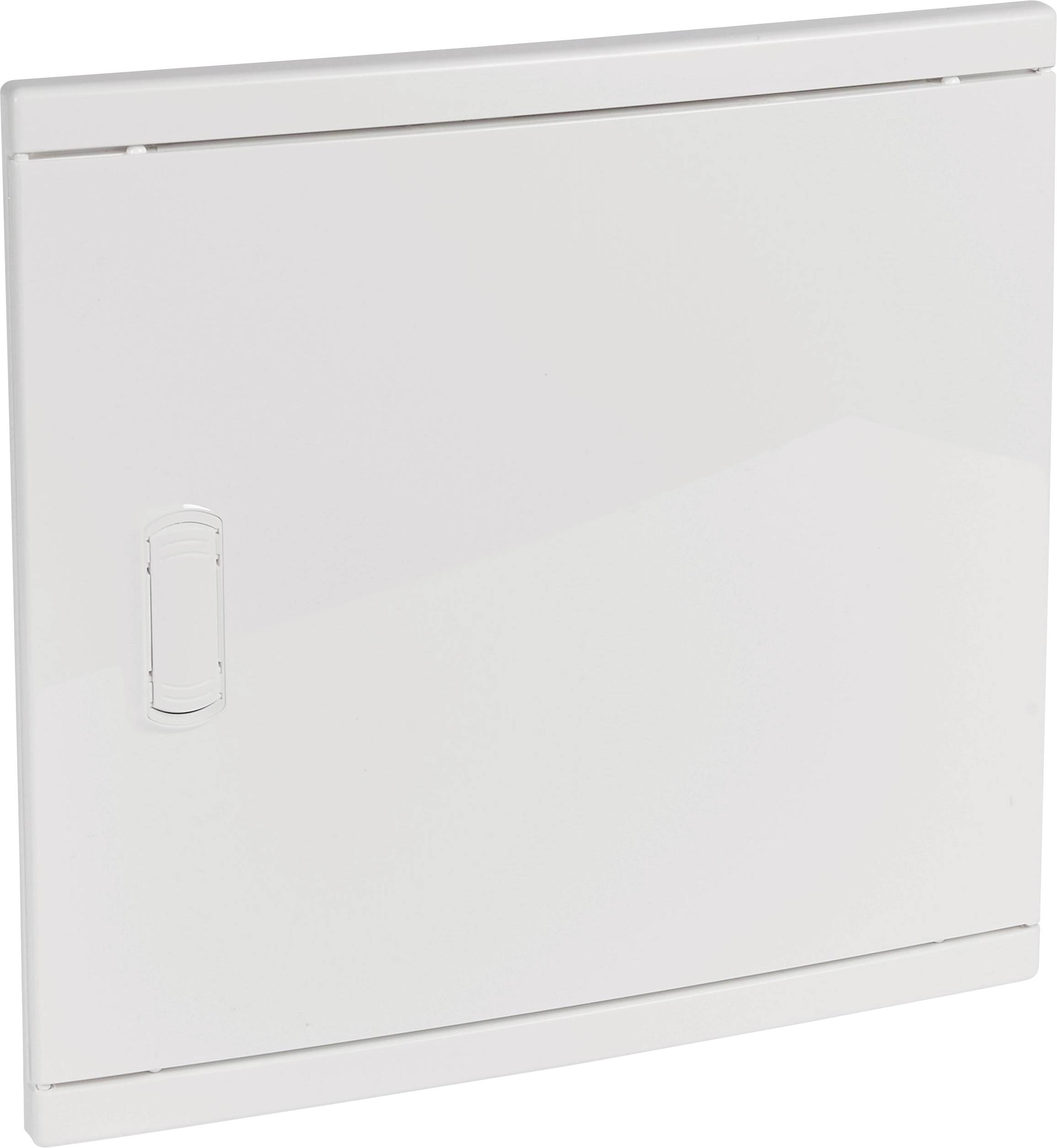 Boîte de distribution électrique blanche carrée en plastique avec une petite poignée sur le côté gauche.