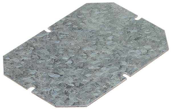 Plaque métallique plate rectangulaire aux coins biseautés et à la surface légèrement rugueuse et mouchetée.