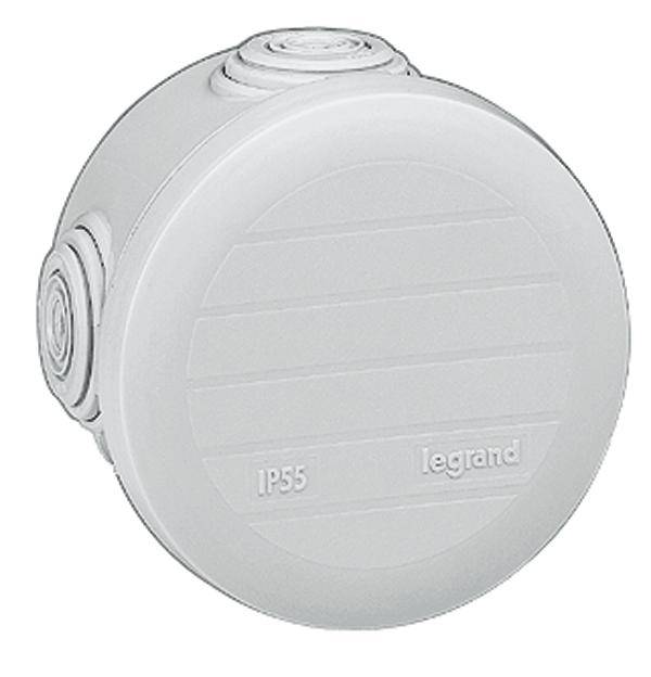 Une boîte de dérivation ronde, grise en plastique portant l'inscription 'IP55' et 'legrand'. Adaptée pour une utilisation en extérieur.