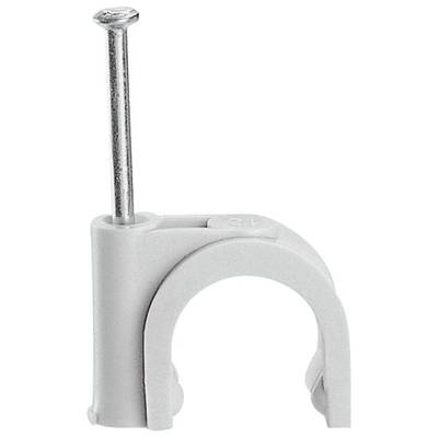 Attache-câble à clou pour la fixation de câbles sur les murs ; pince en plastique grise avec clou métallique intégré.