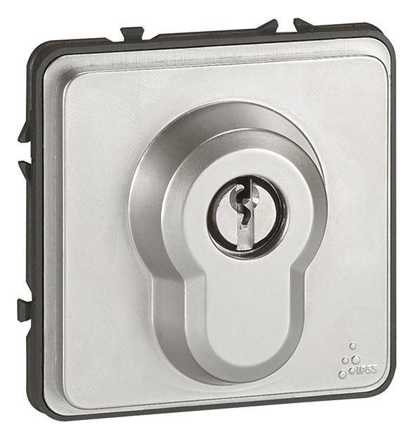 Un verrou de sécurité carré avec un trou de serrure central, adapté aux portes ou aux coffres-forts, dans un boîtier métallique.