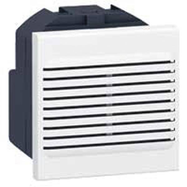 Petit ventilateur blanc à lamelles horizontales, adapté à la ventilation des boîtiers électroniques.