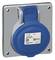 Prise industrielle Legrand, bleue et grise, rectangulaire avec couvercle rond. Adaptée pour 16A, 2 pôles, indice de protection IP44.