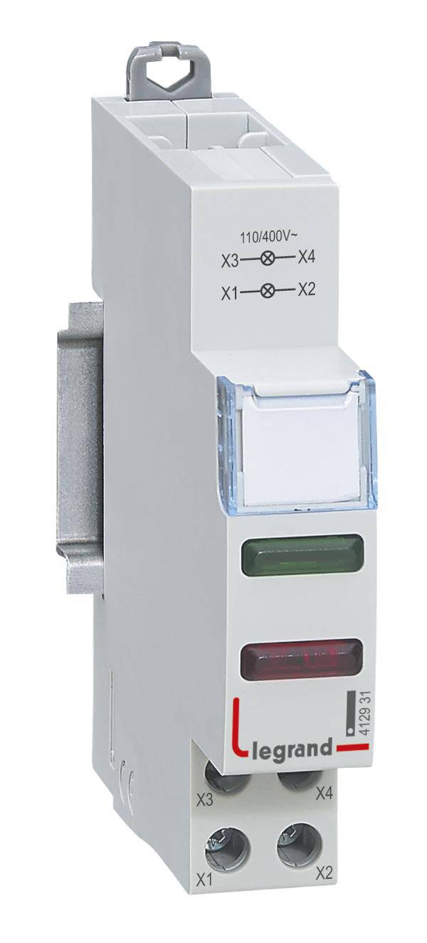 Un module de Legrand avec des voyants lumineux, utilisé pour les tableaux électriques. Inscription en haut '110/400V'.
