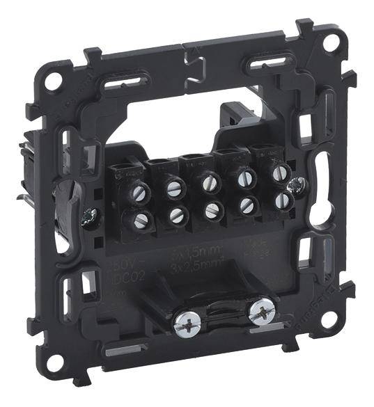 Appareil encastré noir, rectangulaire, équipé de plusieurs bornes à vis pour le câblage électrique, visible sous un certain angle.