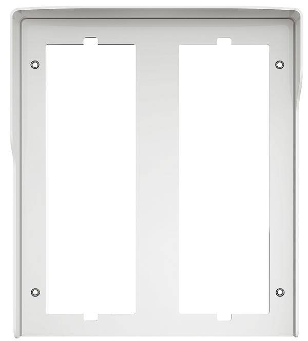 Couvercle rectangulaire blanc en plastique avec deux grandes découpes verticales au centre. Adapté pour le montage.