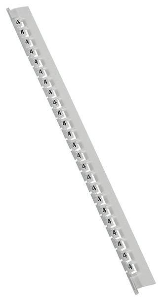 Une longue rangée diagonale de pièces en plastique blanc numérotées, chacune étiquetée avec le chiffre '4'.