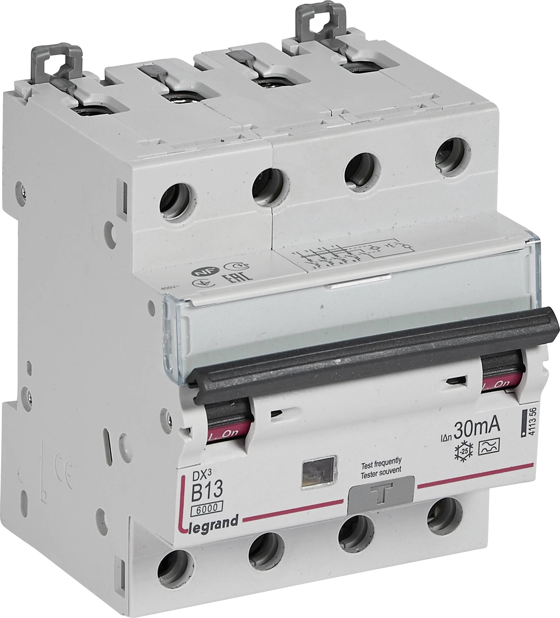 Un disjoncteur tripolaire de marque Legrand, calibré à 13 ampères, de caractéristique B, destiné à la protection des circuits électriques.
