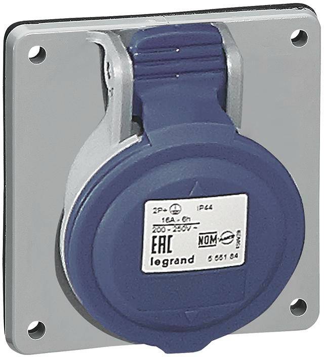 Prise murale bleue de Legrand, adaptée aux tensions jusqu'à 250V, présentant un indice de protection IP44 pour une protection contre les projections d'eau.