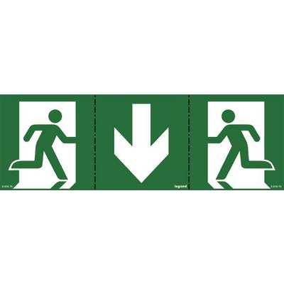Panneau de sortie de secours avec pictogrammes d'un bonhomme courant vers la gauche et la droite, accompagné d'une flèche vers le bas indiquant la direction de la sortie.