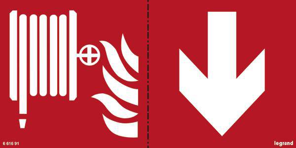 Symbole de "tuyau d'incendie" avec une flèche pointant vers le bas sur un fond rouge, indiquant la position d'un tuyau d'incendie.