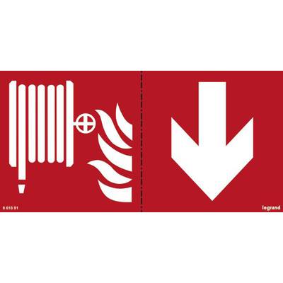 Symbole de "tuyau d'incendie" avec une flèche pointant vers le bas sur un fond rouge, indiquant la position d'un tuyau d'incendie.