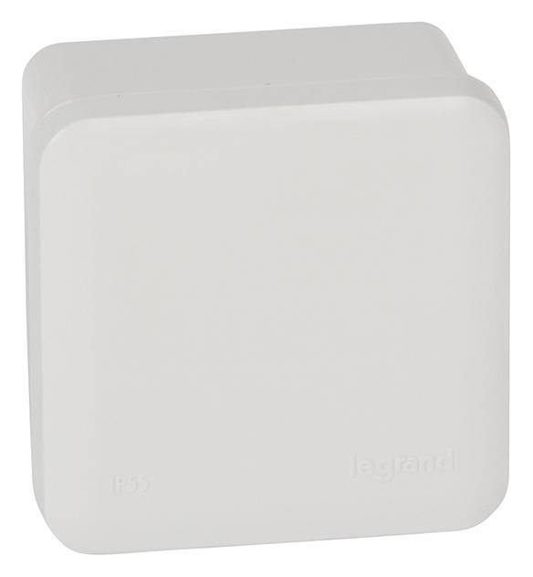 Un boîtier rectangulaire blanc avec des coins arrondis, marqué 'IP55' pour une protection contre la poussière et les projections d'eau.