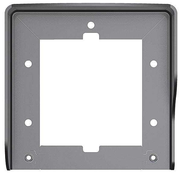 Un cadre rectangulaire en plastique gris avec des trous de fixation et un évidement carré au centre.