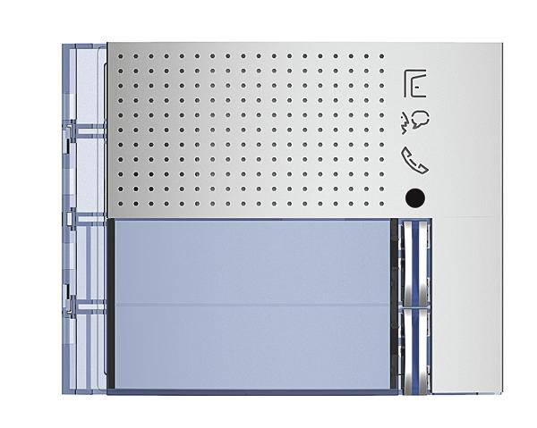 Interphone avec haut-parleur, touches et symboles. Boîtier transparent à gauche, couvercle blanc avec orifices de ventilation à droite.