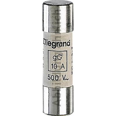Un fusible cylindrique portant l'inscription 'legrand', 'gG 10 A', et '500 V~'. Il est conçu à des fins de protection électrique.