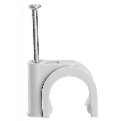 Un attache-câble blanc avec un clou intégré, utilisé pour fixer des câbles aux murs.