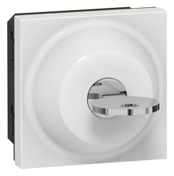 Variateur de lumière blanc de forme carrée, avec surface brillante et bouton rotatif rond au centre.