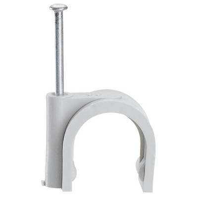 Collier de câble en plastique avec clou, utilisé pour fixer des câbles aux murs ou aux sols.