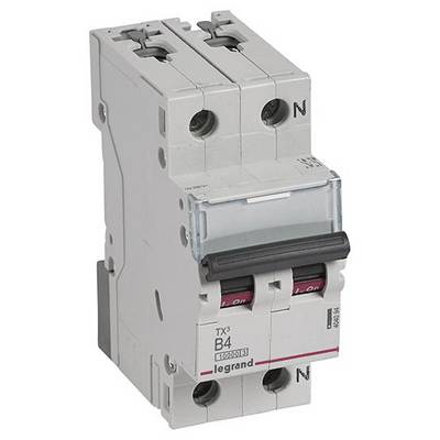 Un disjoncteur bipolaire gris de type TX3 B4 Legrand. Adapté pour les systèmes de protection électrique.