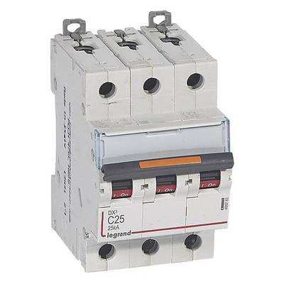 Un disjoncteur tripolaire de protection avec levier rouge et inscription 'C25 25kA'. Utilisé dans les installations électriques de distribution.