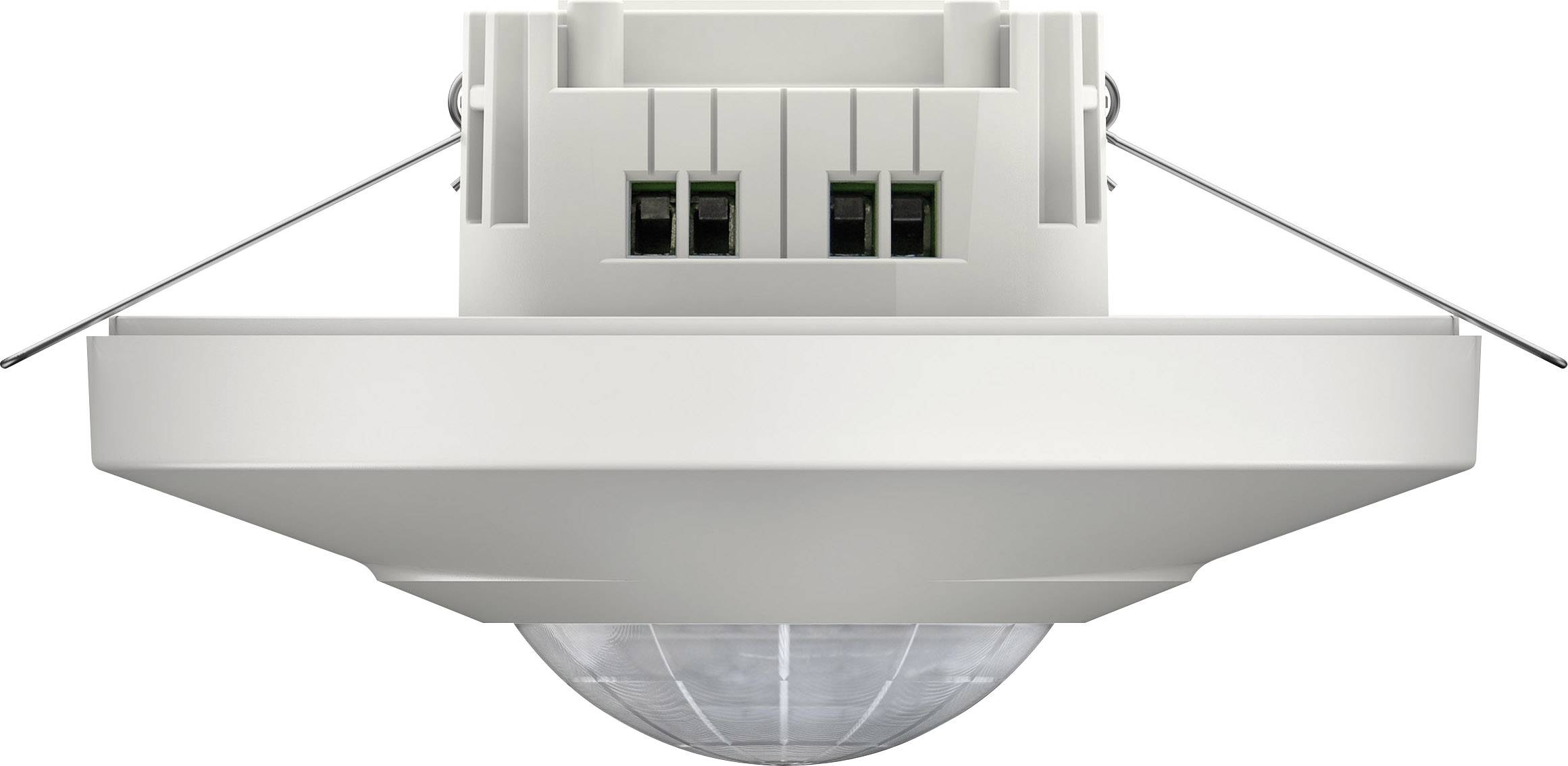 Un détecteur de mouvement de plafond blanc de forme carrée avec des angles arrondis. Dôme de capteur distinctif au centre de l'appareil.