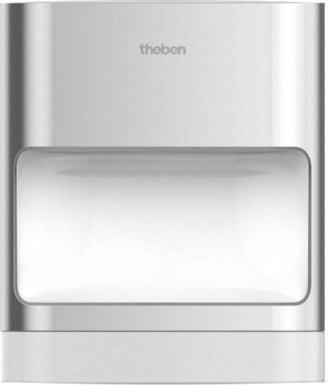 Un détecteur de mouvement rectangulaire blanc de Theben, adapté pour le montage mural. Surface principale avec une fenêtre de capteur rectangulaire arrondie.