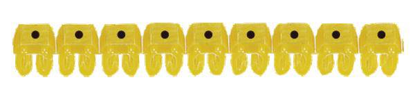 Chenille jaune avec des points noirs, composée de dix segments alignés.