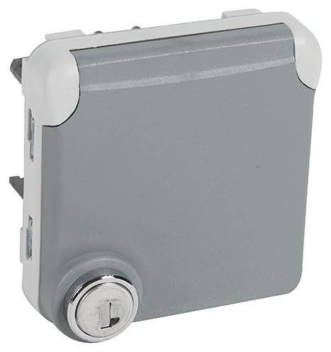 Serrure électrique grise avec bouton de rotation en bas à gauche, utilisée pour le contrôle d'accès des armoires électriques ou des appareils.