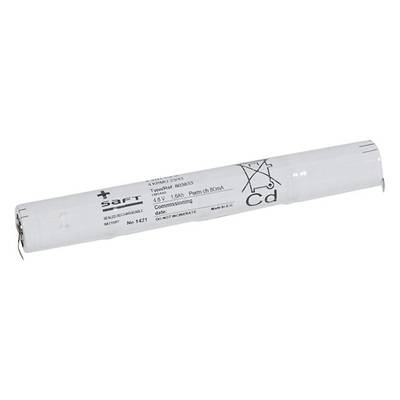 Une batterie rechargeable cylindrique portant l'inscription 'SAFT'. Tension : 4,8V, Capacité : 1,5Ah. Symbole du cadmium (Cd) visible.