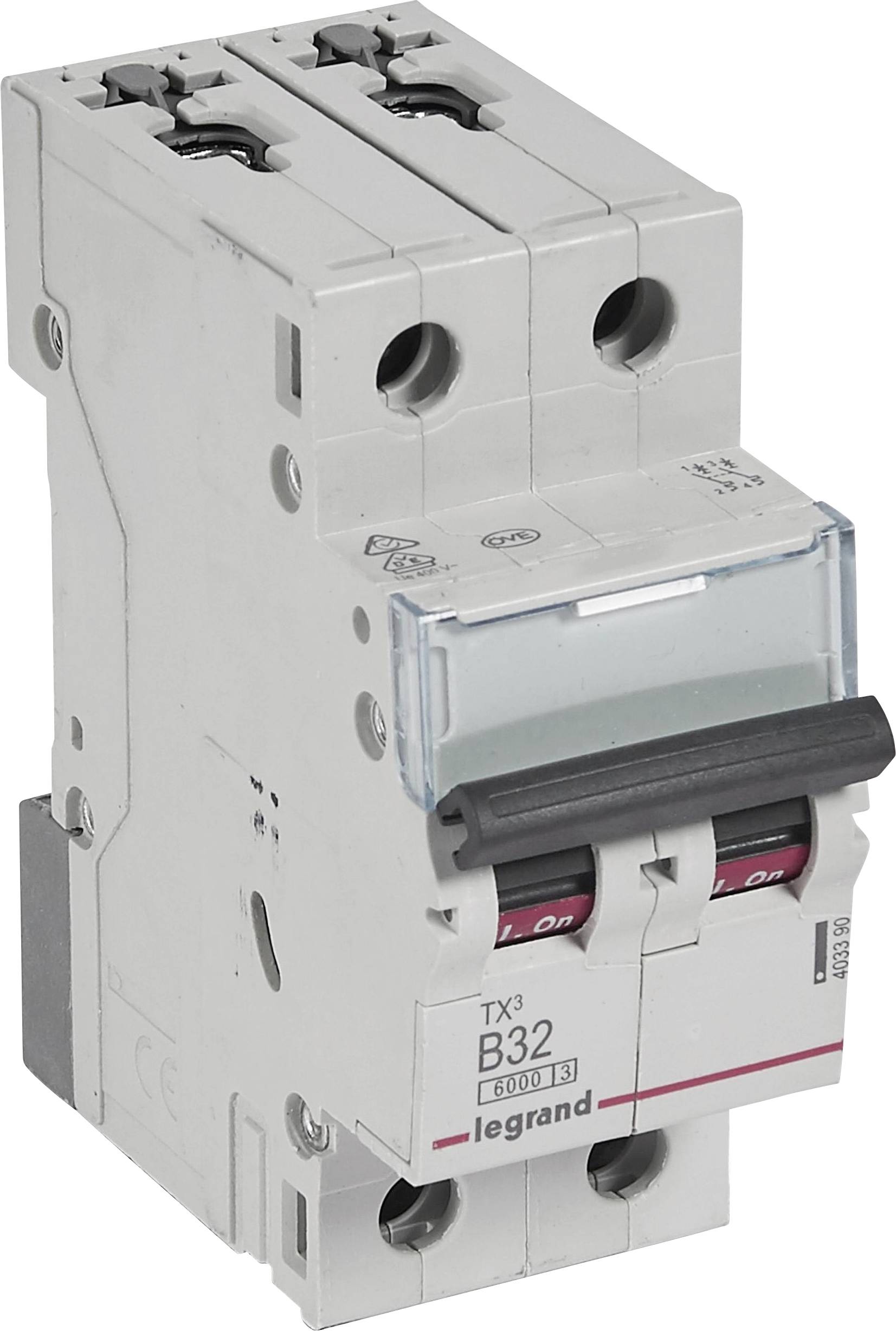 Un disjoncteur bipolaire Legrand, modèle TX3 B32, avec un indicateur d'état de commutation. Conçu pour des applications de protection électrique.