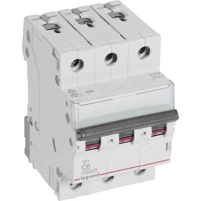 Un disjoncteur tripolaire Legrand, modèle TX3 C6, adapté aux protections électriques dans les habitations ou les installations industrielles.