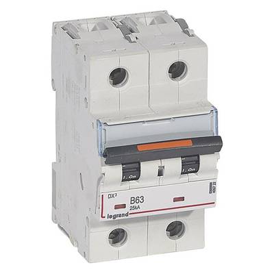 Un disjoncteur bipolaire de marque Legrand, modèle B63, 25kA, destiné à la protection des circuits électriques.