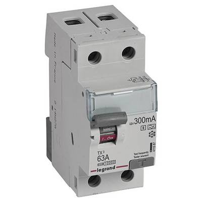 Un disjoncteur différentiel gris de Legrand de 63A, 300mA, avec bouton de test, destiné à la protection des installations électriques.