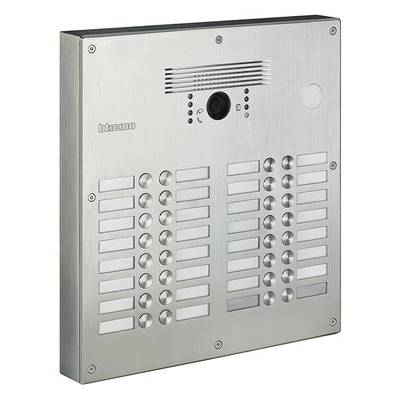 Interphone avec caméra et haut-parleur, boîtier en acier inoxydable, de nombreux boutons de noms sur une plaque structurée.