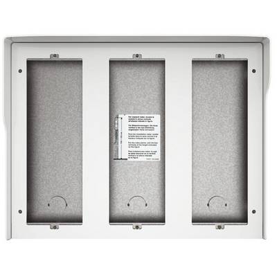 Boîtier blanc avec trois compartiments rectangulaires et une étiquette au centre contenant des instructions de sécurité et d'installation.